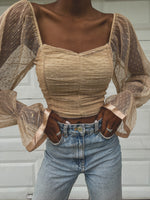 Nude Back zipper Can be worn off or on the shoulders sheer sleeves Ballon Sleeves Crop Top scrunched bodice